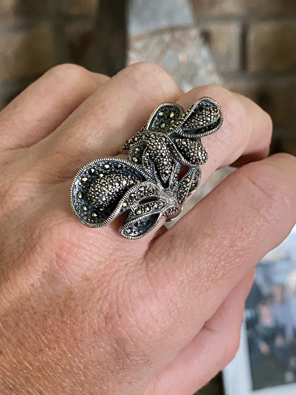 Sterling Silver Marcasite Floral Ring Size 8.5